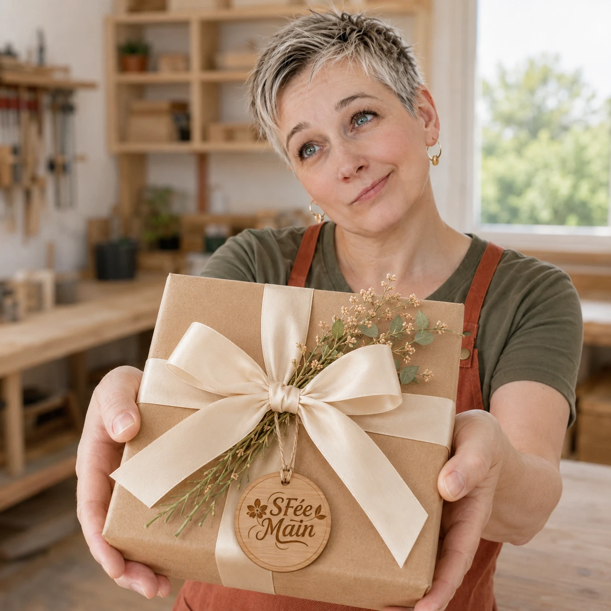 Stéphanie présentant un cadeau personnalisé artisanal réalisé dans son atelier en Picardie. Stéphanie présentant un cadeau personnalisé artisanal réalisé dans son atelier en Picardie.